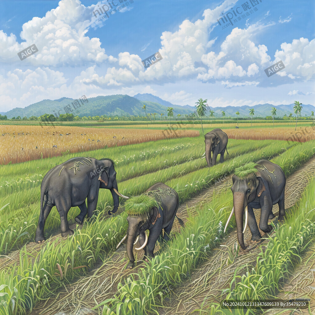 大象水稻稻田插畫