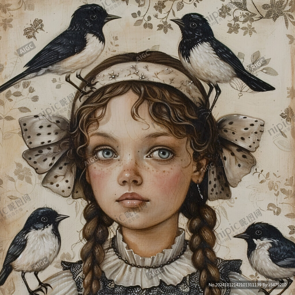 少女和鴿子插畫