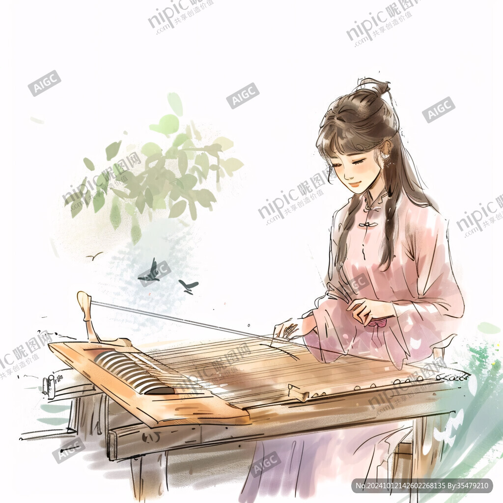 彈古箏插畫