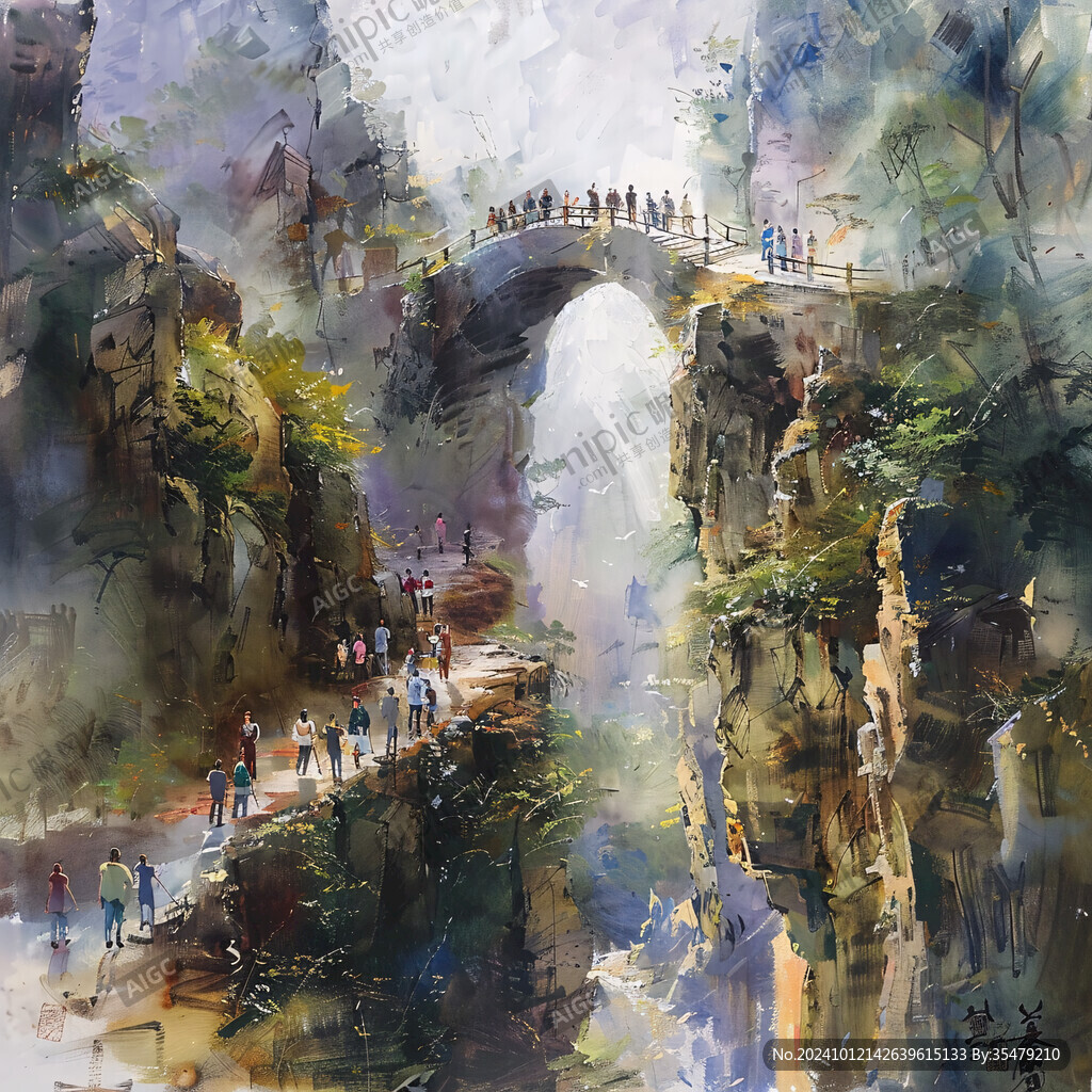 旅游景點畫廊水彩畫