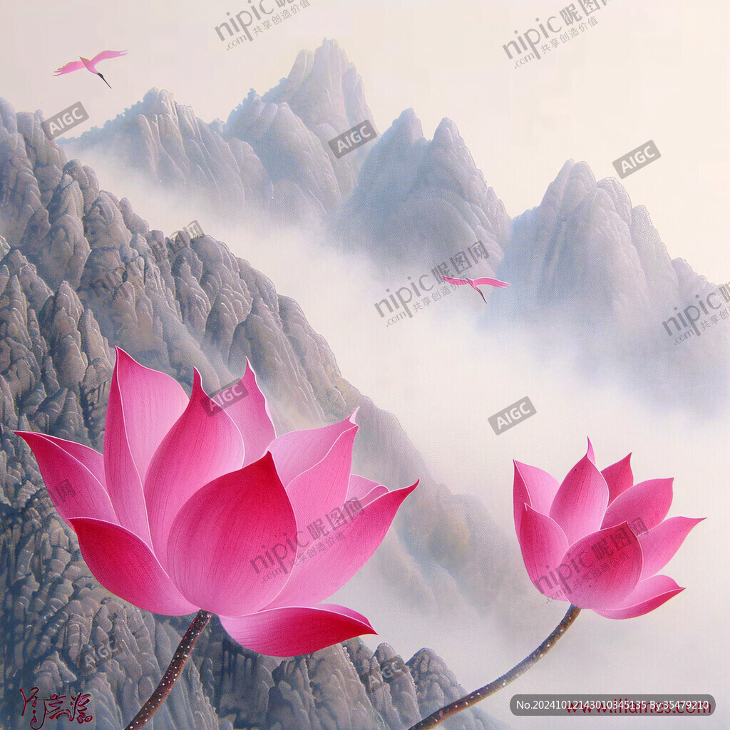巨幅山水畫現代蓮花畫