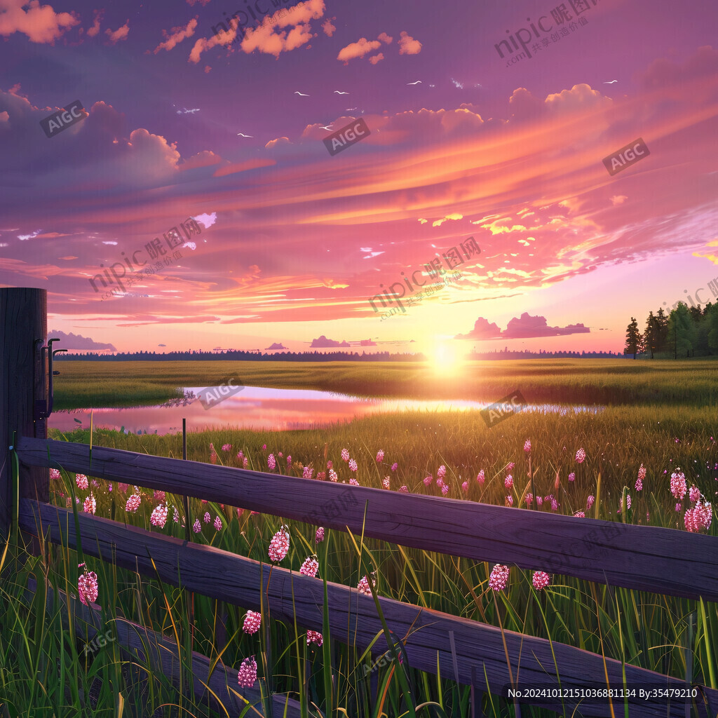 草地小河夕陽