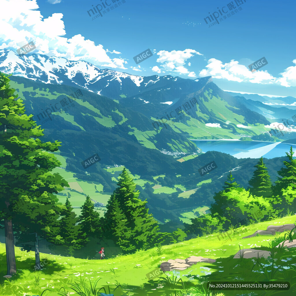 手繪森林山峰草地
