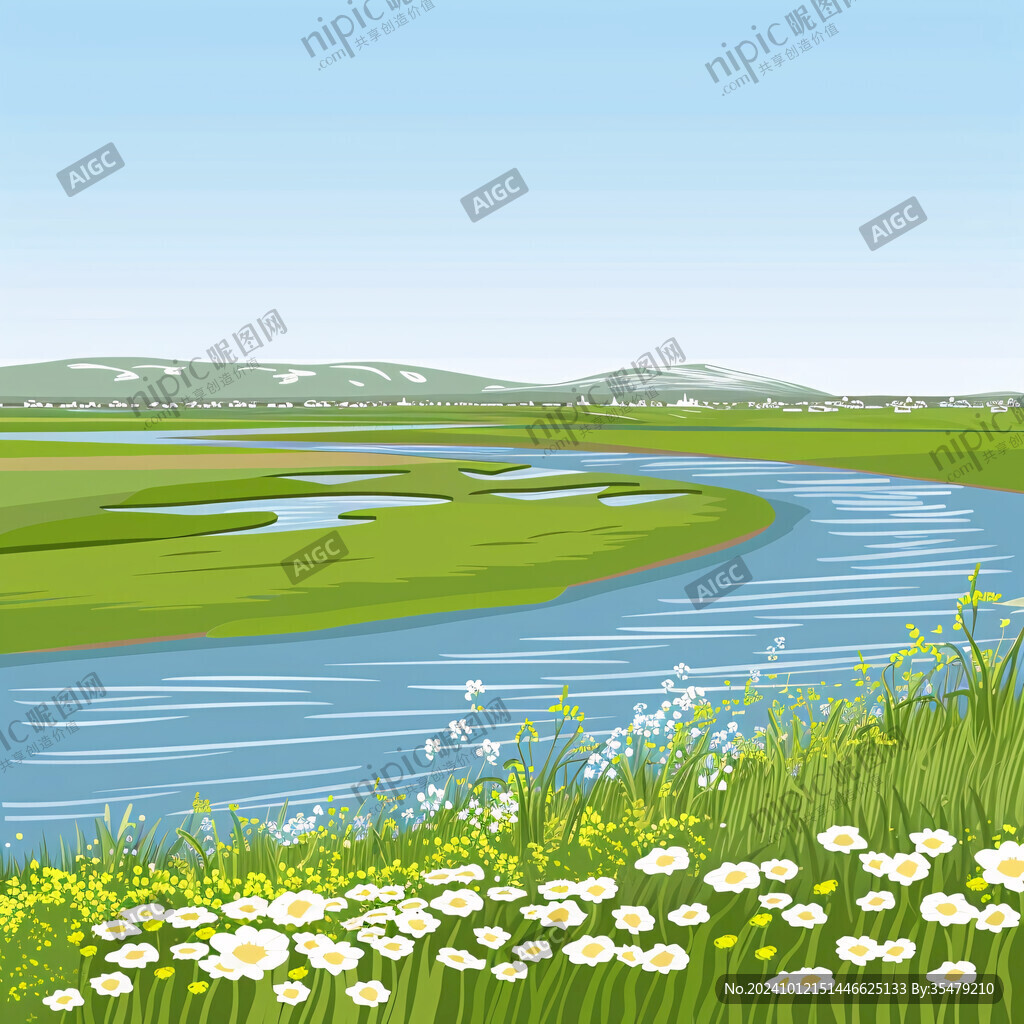夏季草原野花河流
