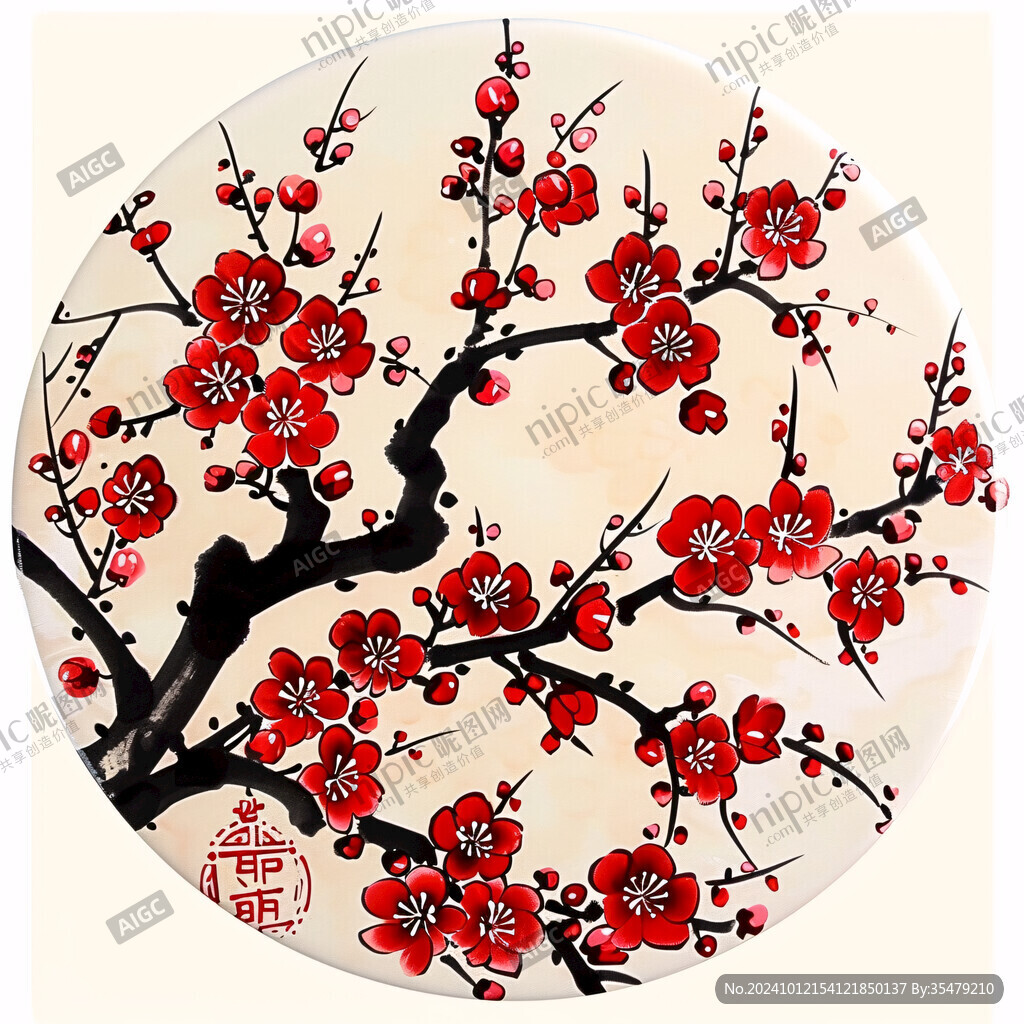 手繪梅花花鳥圓形框畫