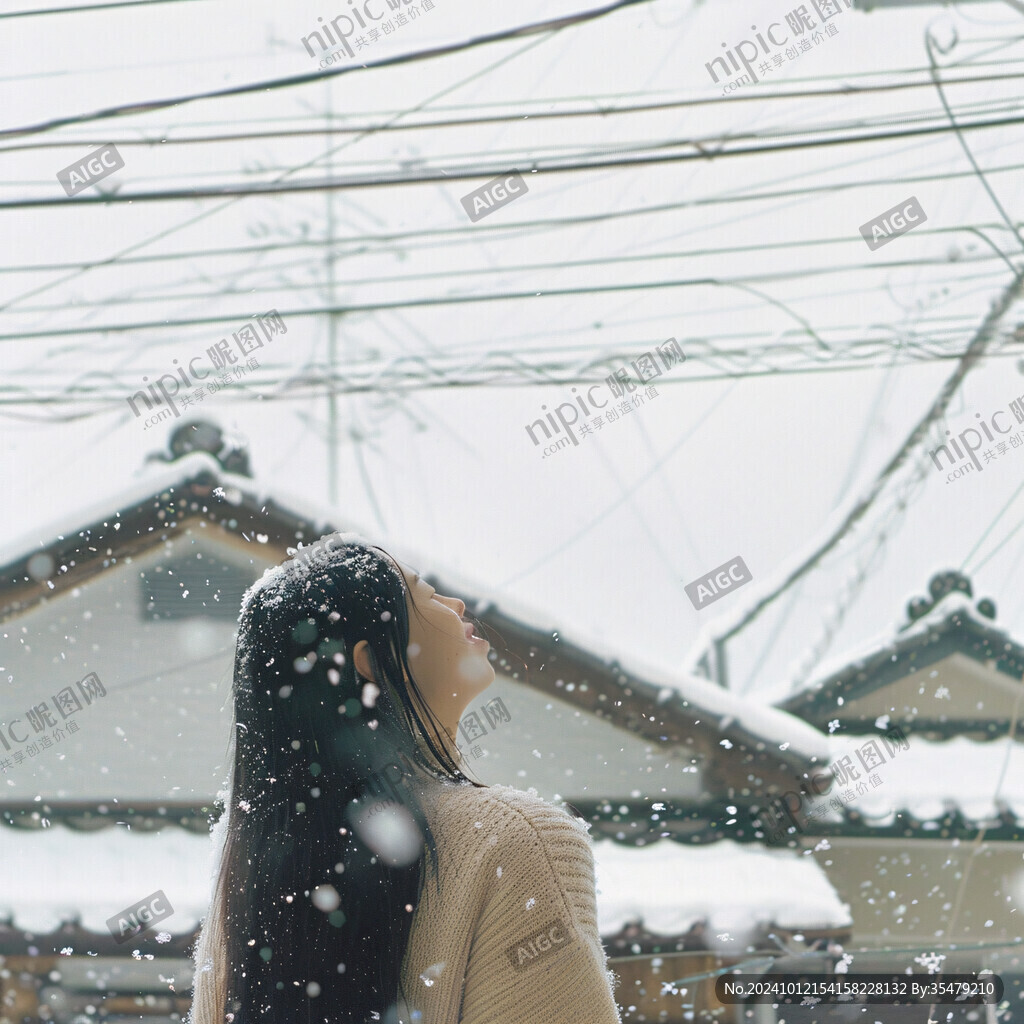 女孩站在窗內(nèi)看雪景