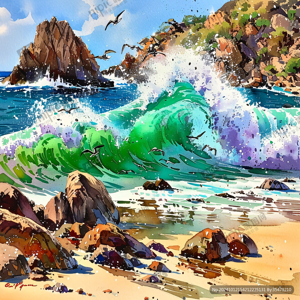 海浪水粉畫