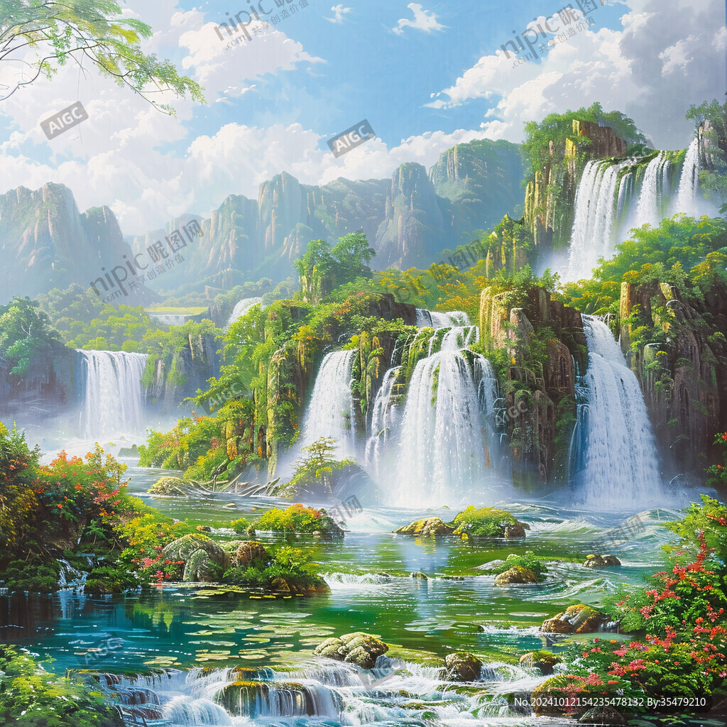 山水風景油畫瀑布