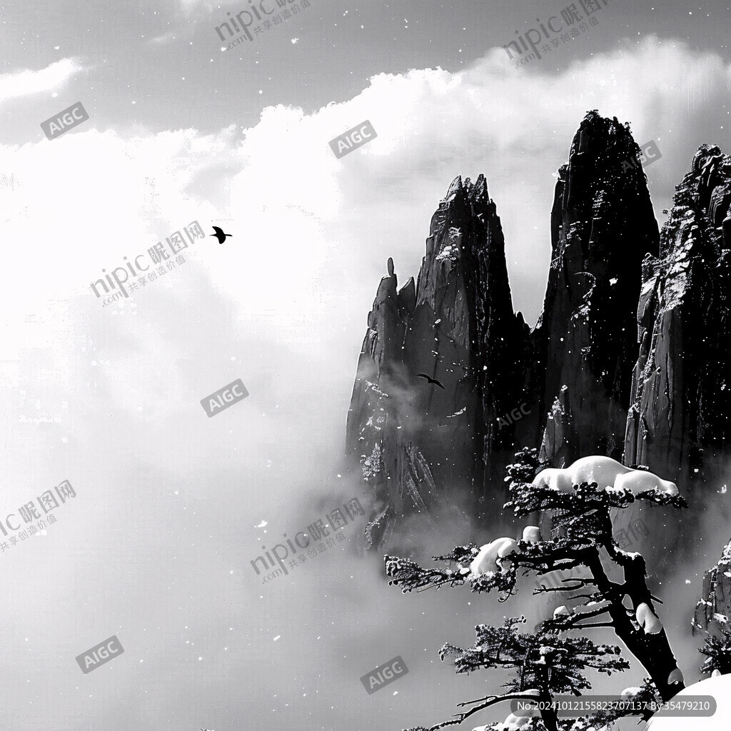 水墨山景飛鴿