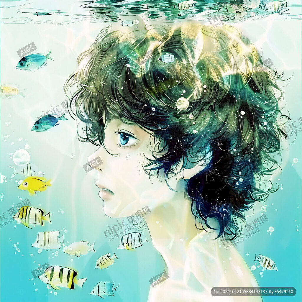 手繪在水里的漫畫女孩