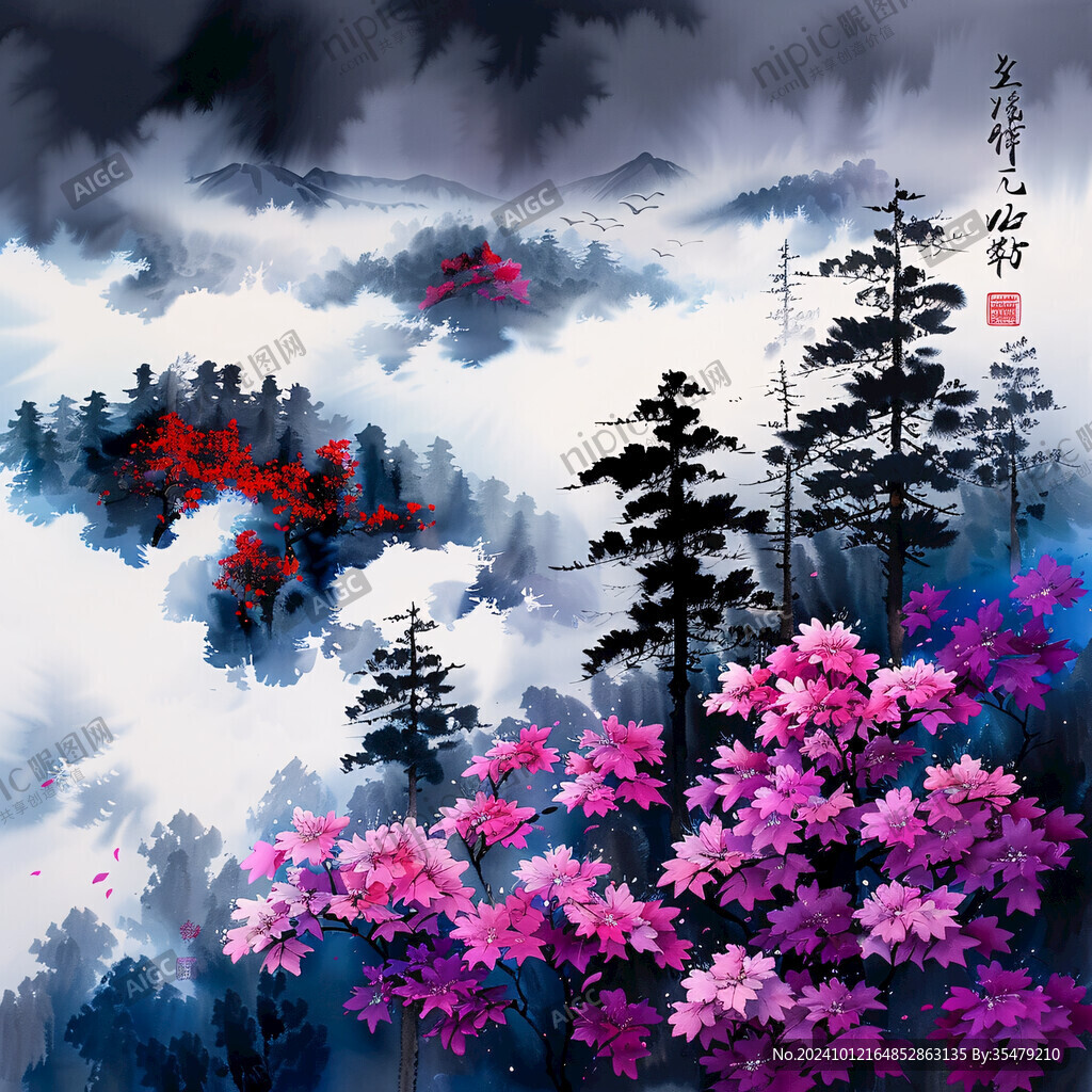 手繪風景畫煙霧山水畫