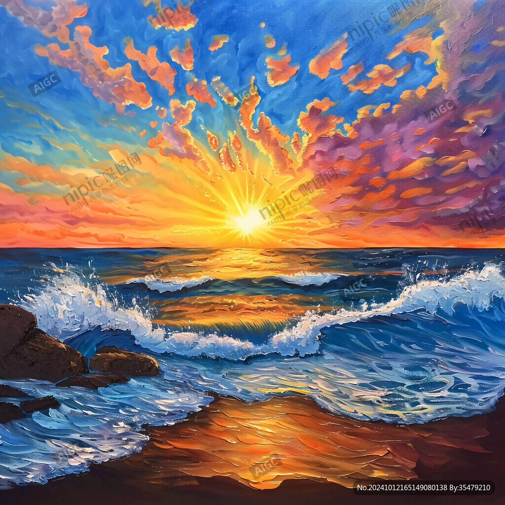 海上日出油畫