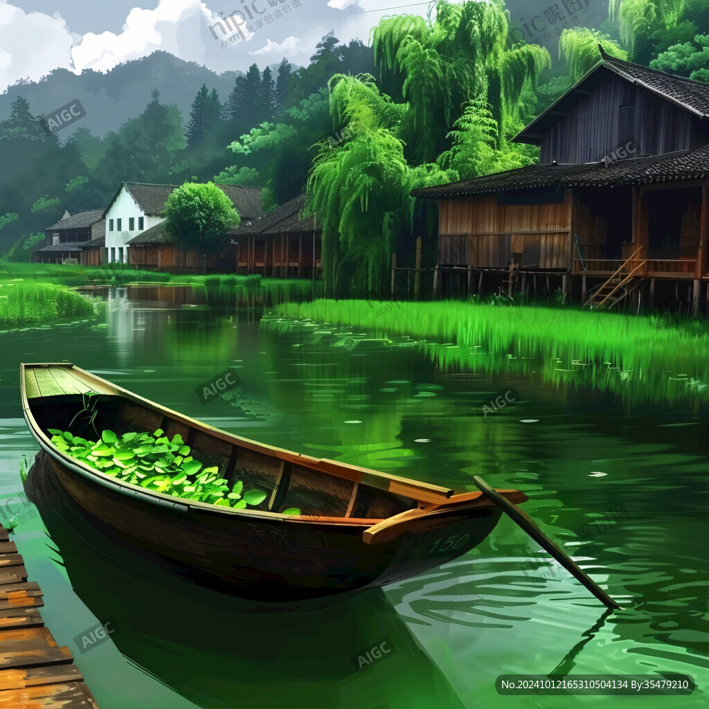 自然風景湖邊木船