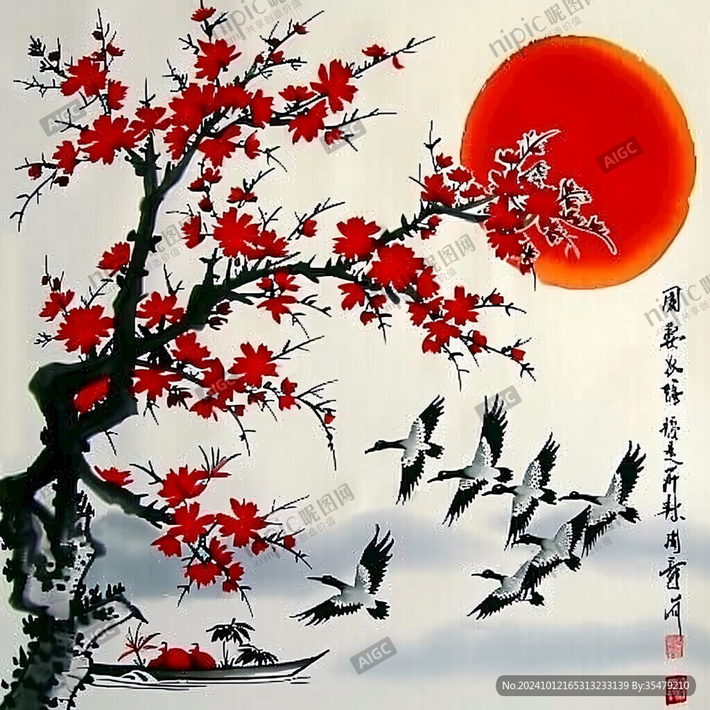 仙鶴紅日國畫