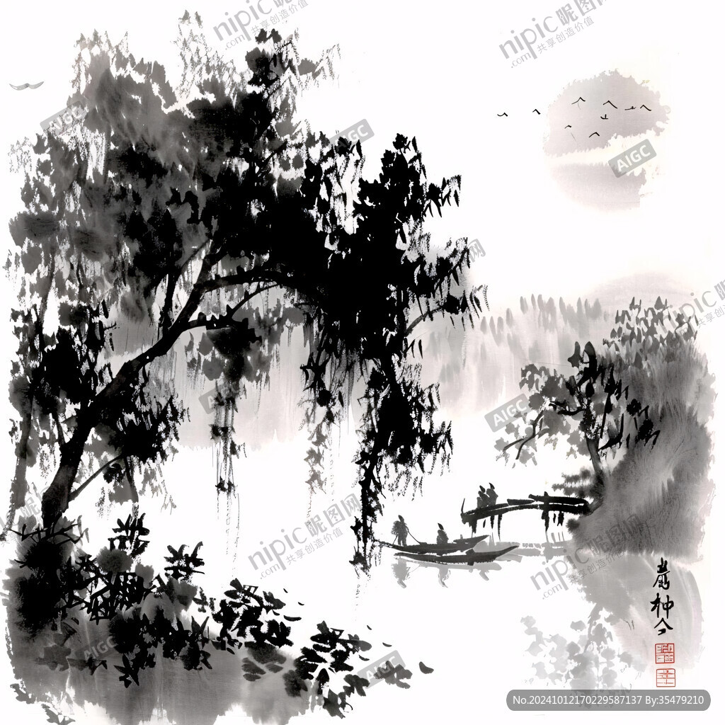 江南小舟水墨畫