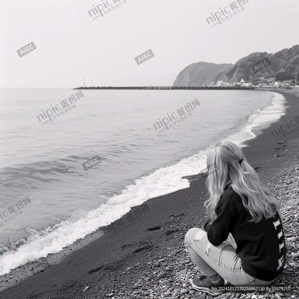 坐在海邊的姑娘
