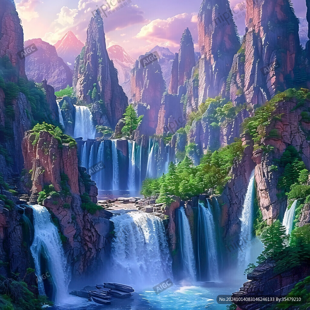 山水風景油畫瀑布