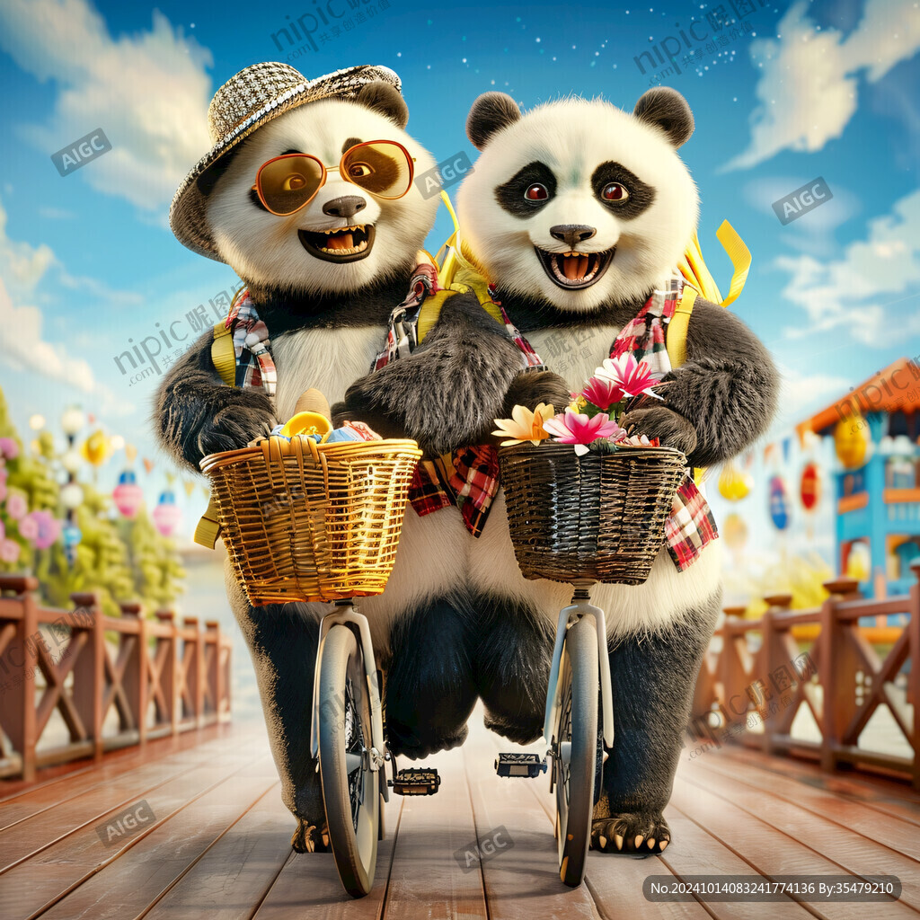 卡通熊貓騎自行車
