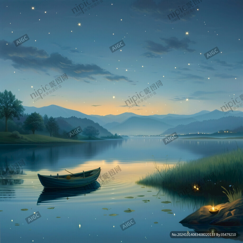 插畫夜景湖泊