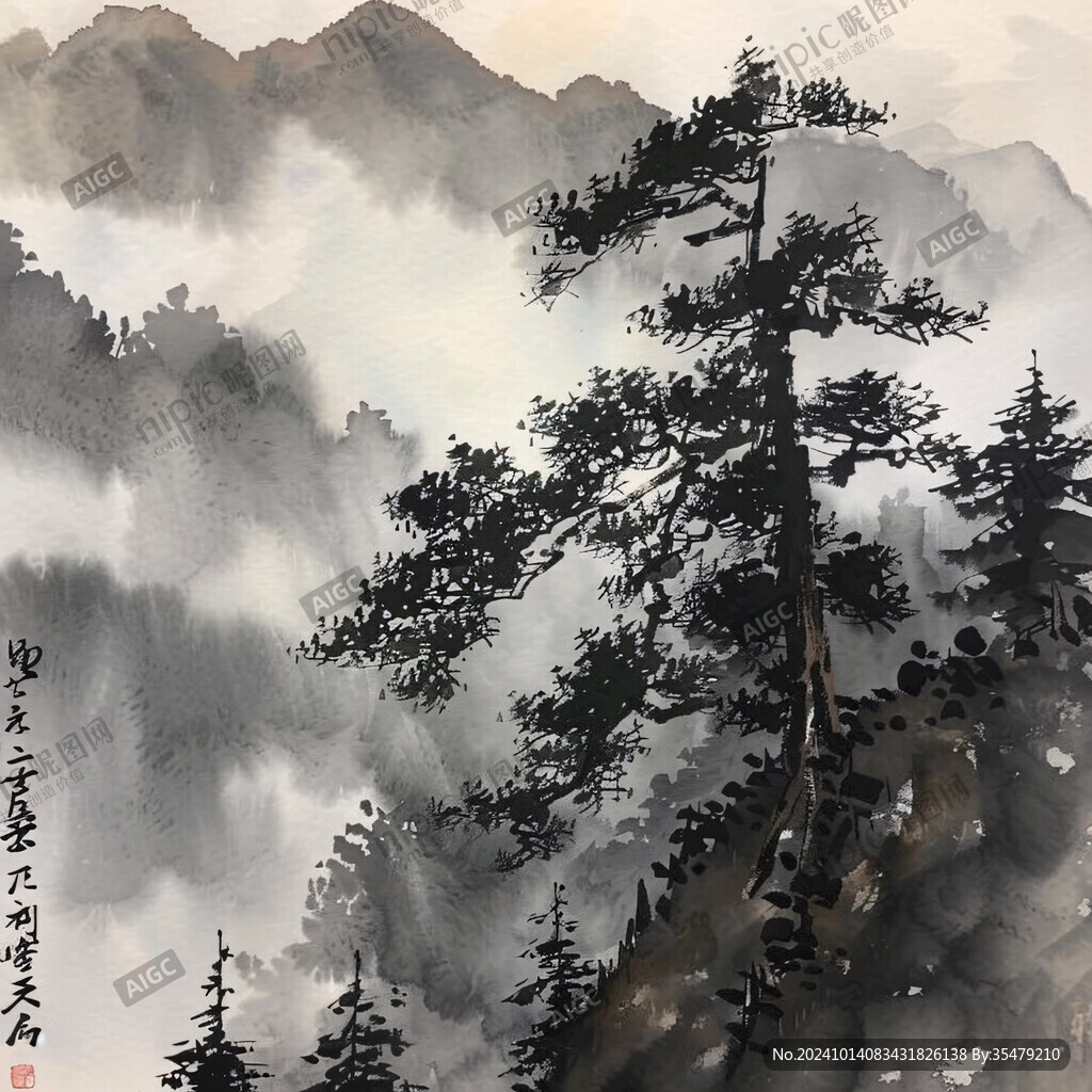 水彩迎客松
