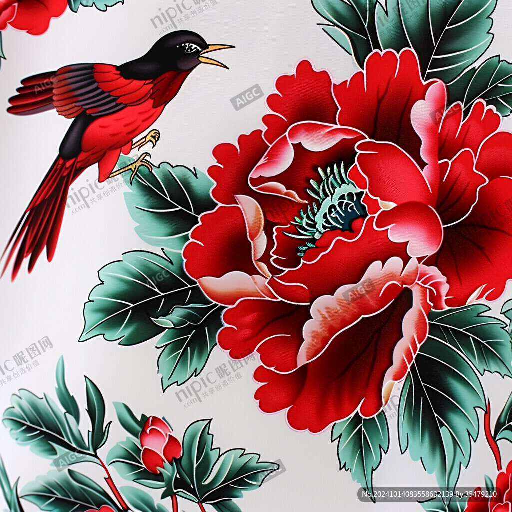 牡丹喜鵲圖插畫