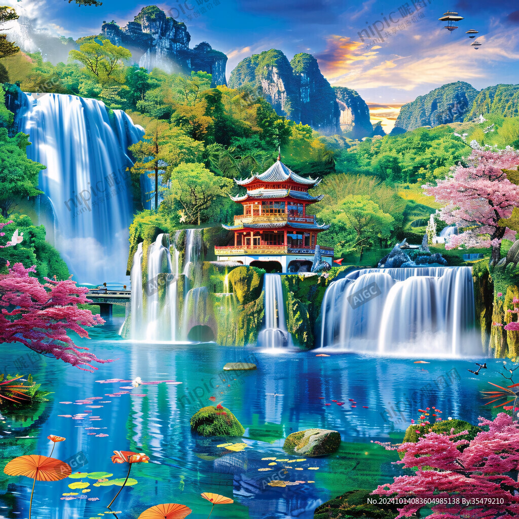 招財瀑布山水畫