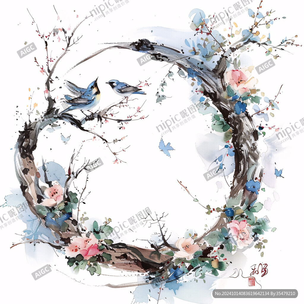 手繪梅花花鳥圓形框畫
