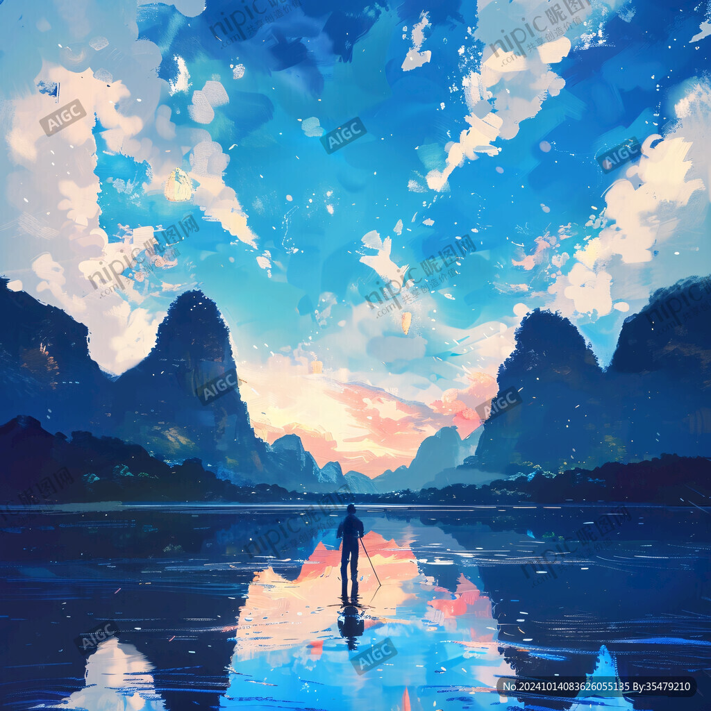 黃昏下行走在河邊的人