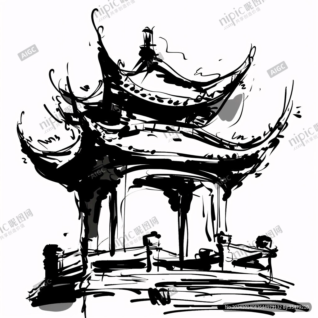 中式建筑鋼筆插畫