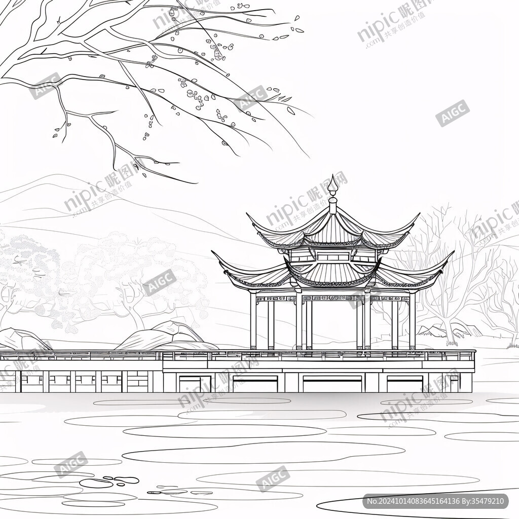 樓閣亭臺畫線描背景