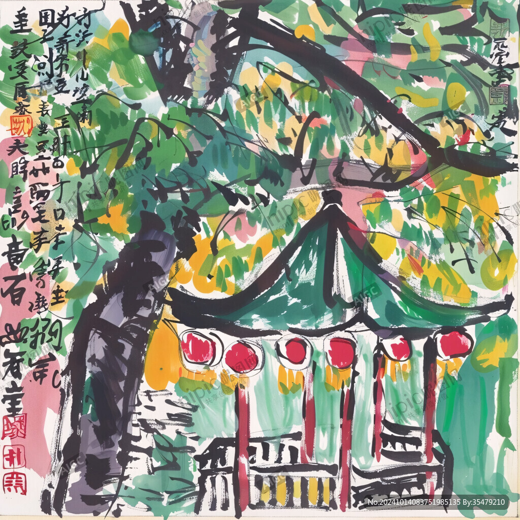 水榭樹木水粉畫