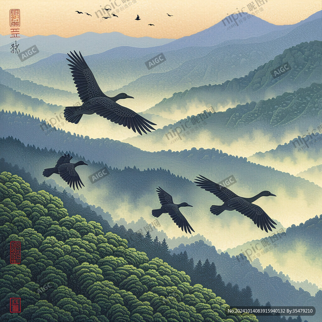 青松紅日山巒竹子