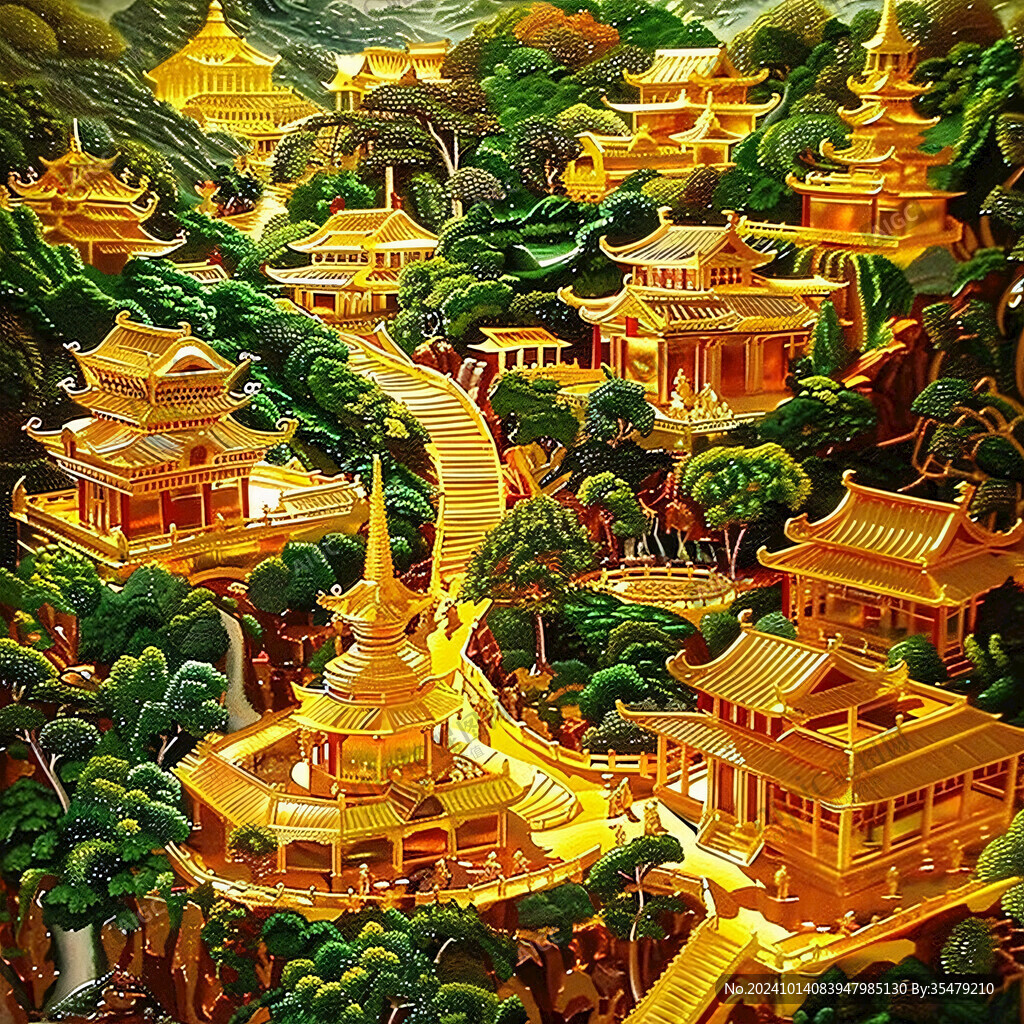 手繪描金亭臺樓閣山水