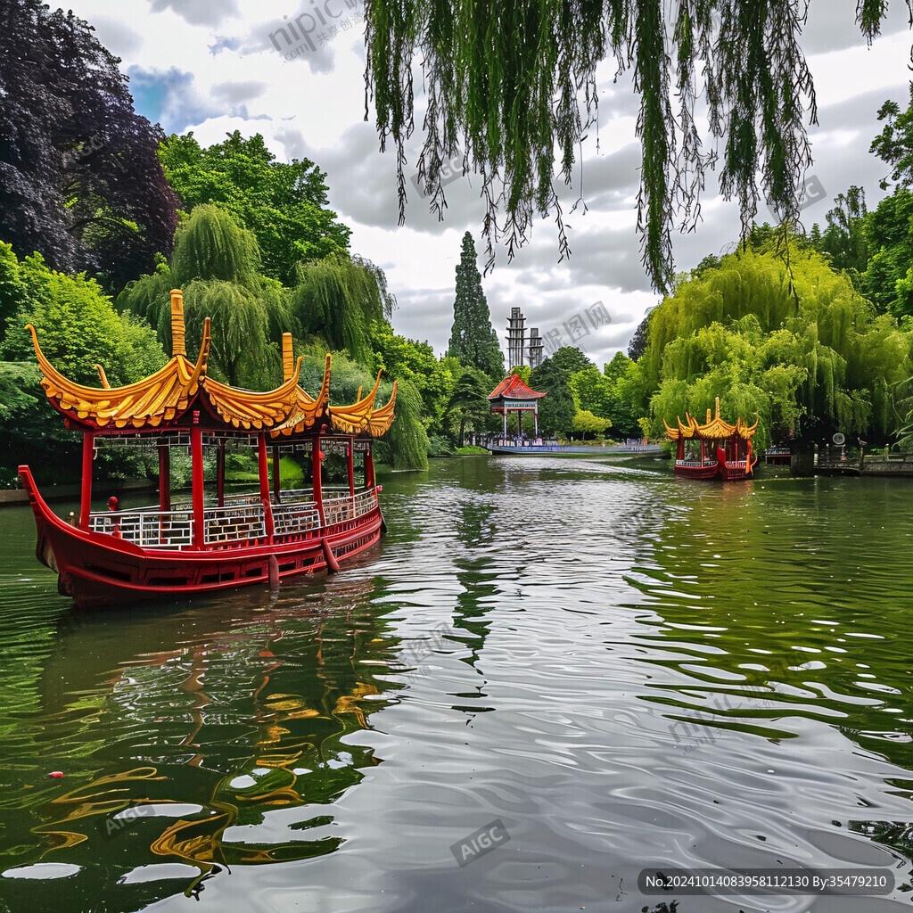 公園風景池溏小船