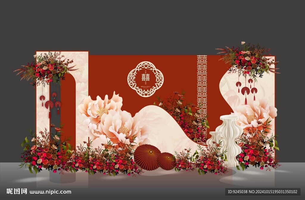紅色復(fù)古婚禮背景設(shè)計效果圖