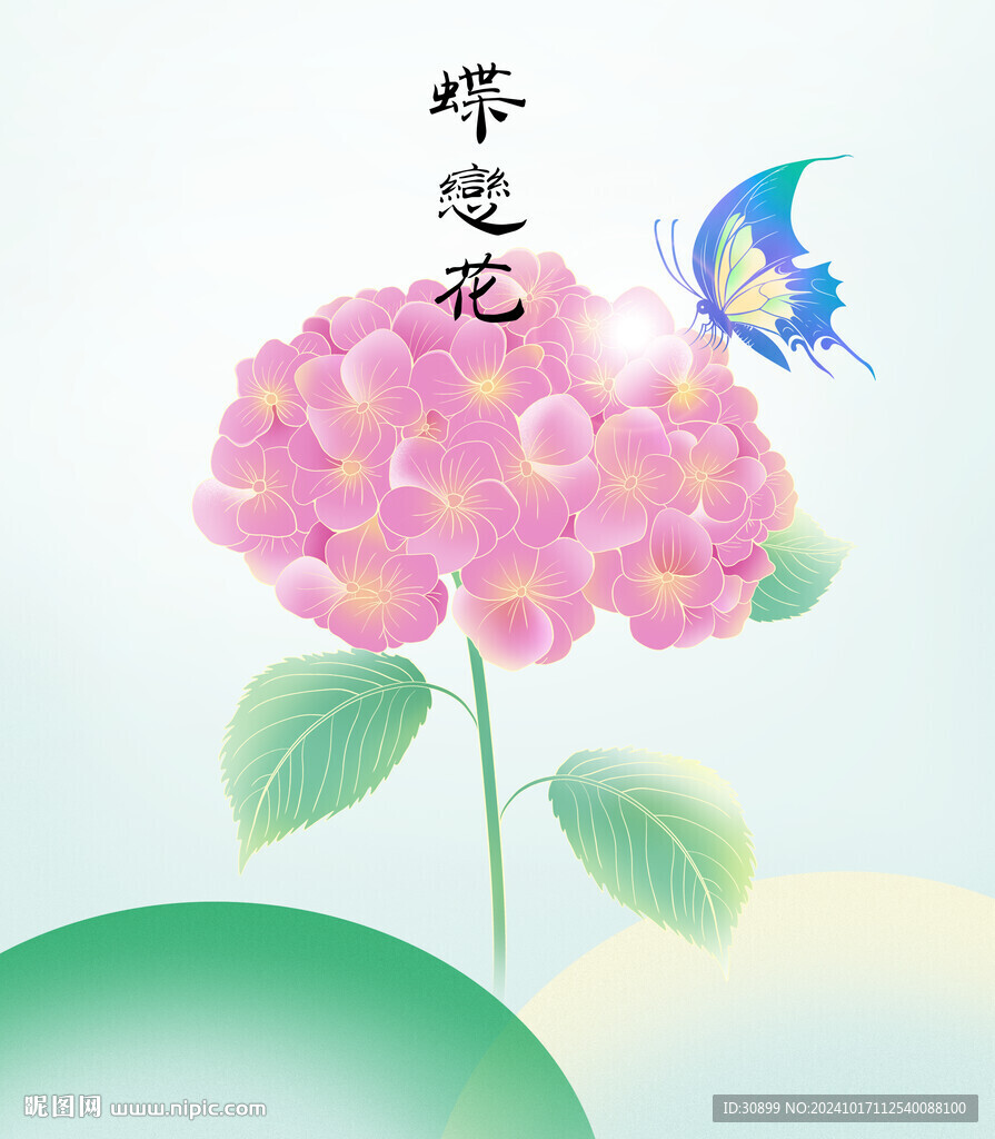 手繪蝶戀花繡球花鮮花插畫