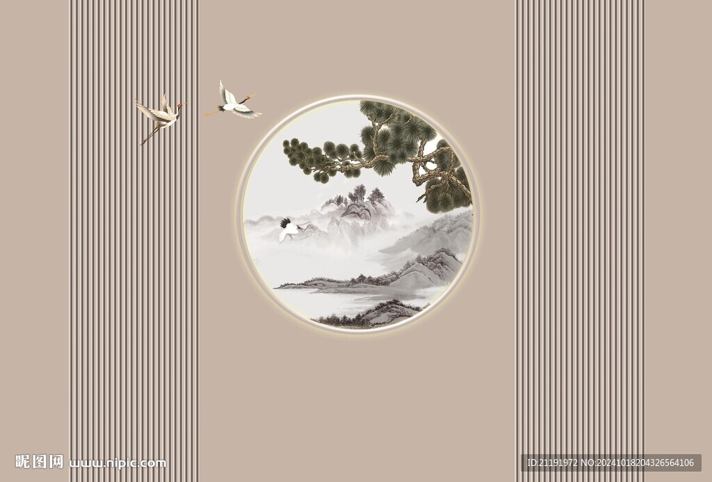 新中式柵格迎客松背景墻