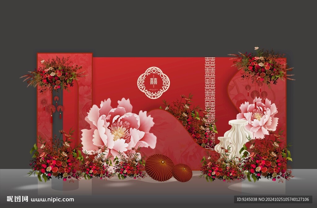 紅色中式結(jié)婚現(xiàn)場背景墻