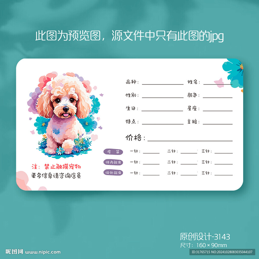 寵物店泰迪狗狗信息記錄卡