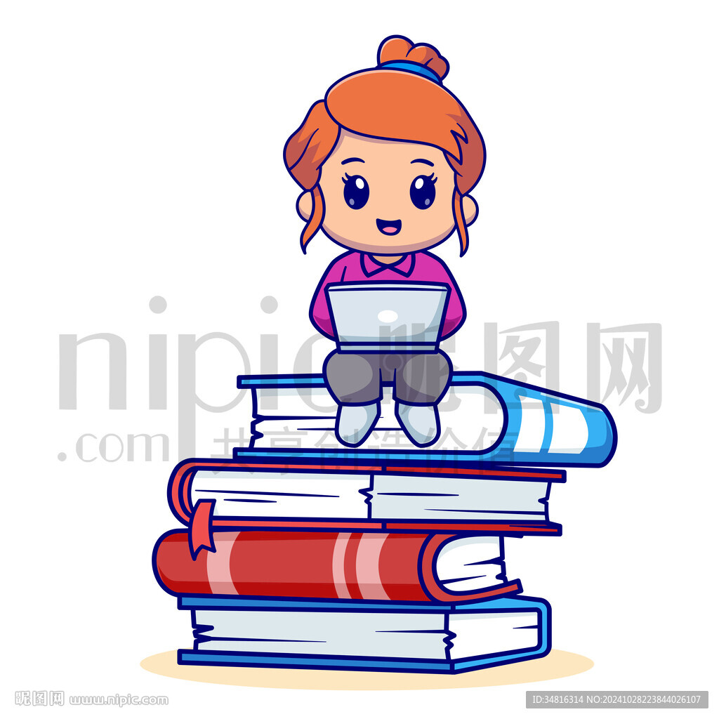 可愛卡通坐在書籍上的小女孩
