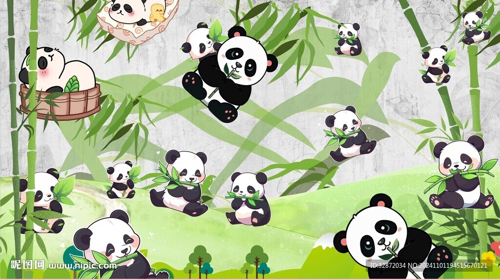 卡通熊貓兒童房背景墻