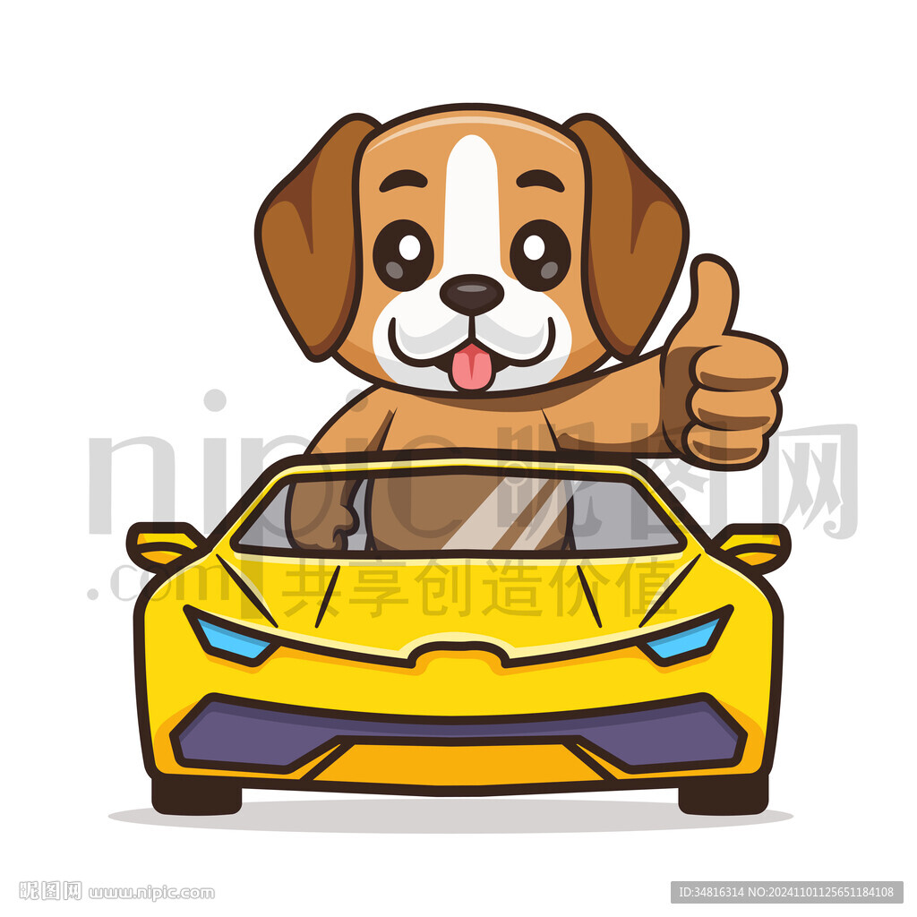 可愛卡通坐跑車的小狗