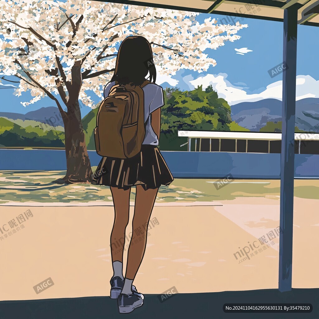 少女賞櫻的背影