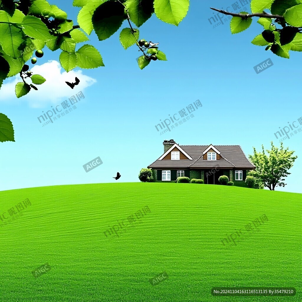 唯美綠草小屋背景