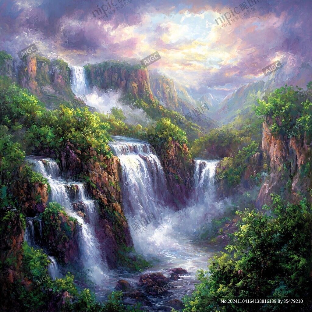 山水風景油畫瀑布