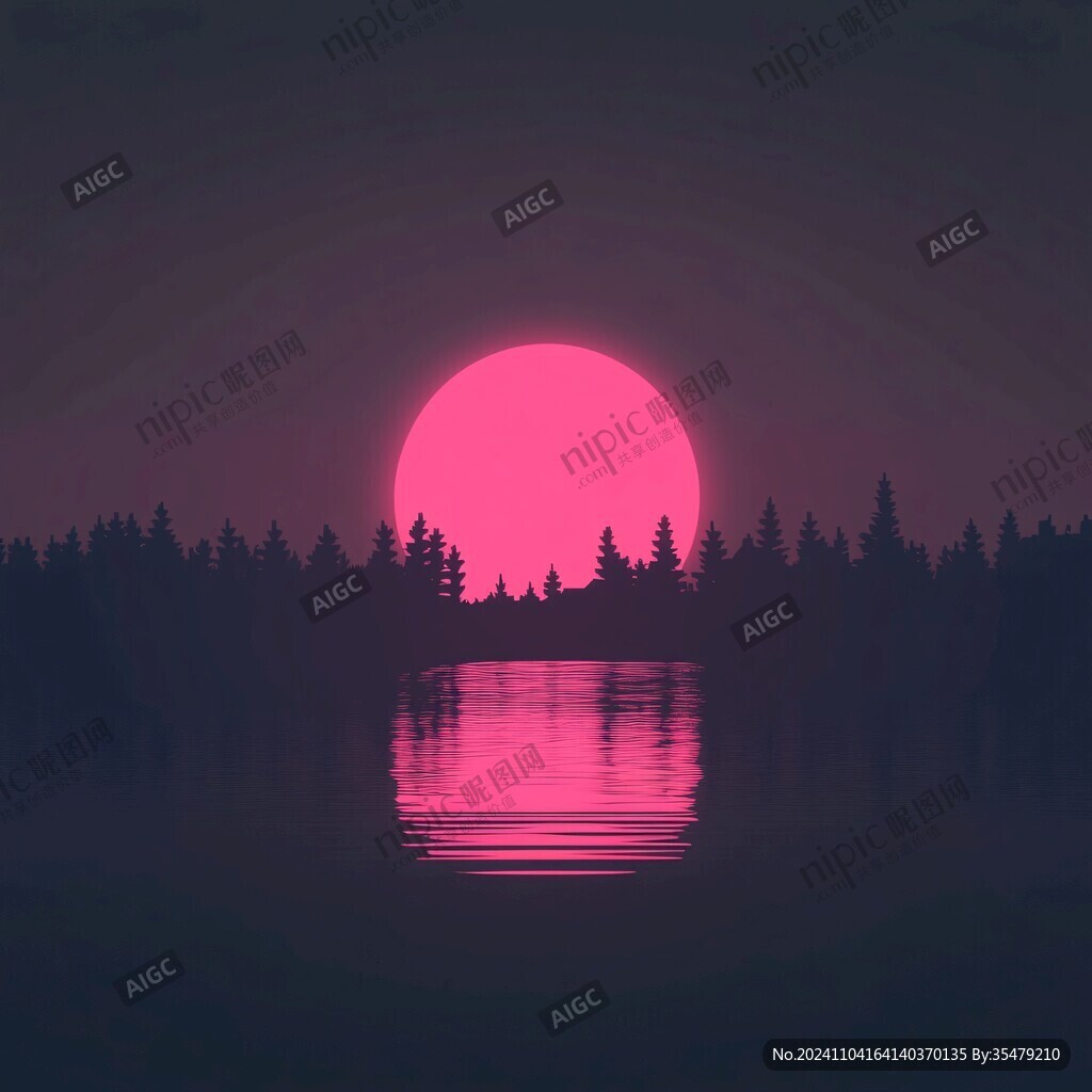 插畫夜景湖泊