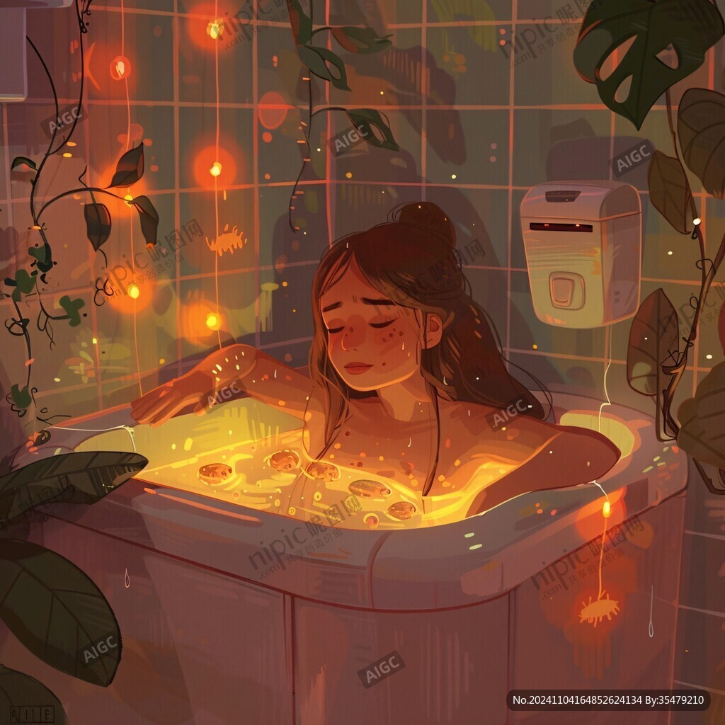 居家插畫小女孩泡澡澡