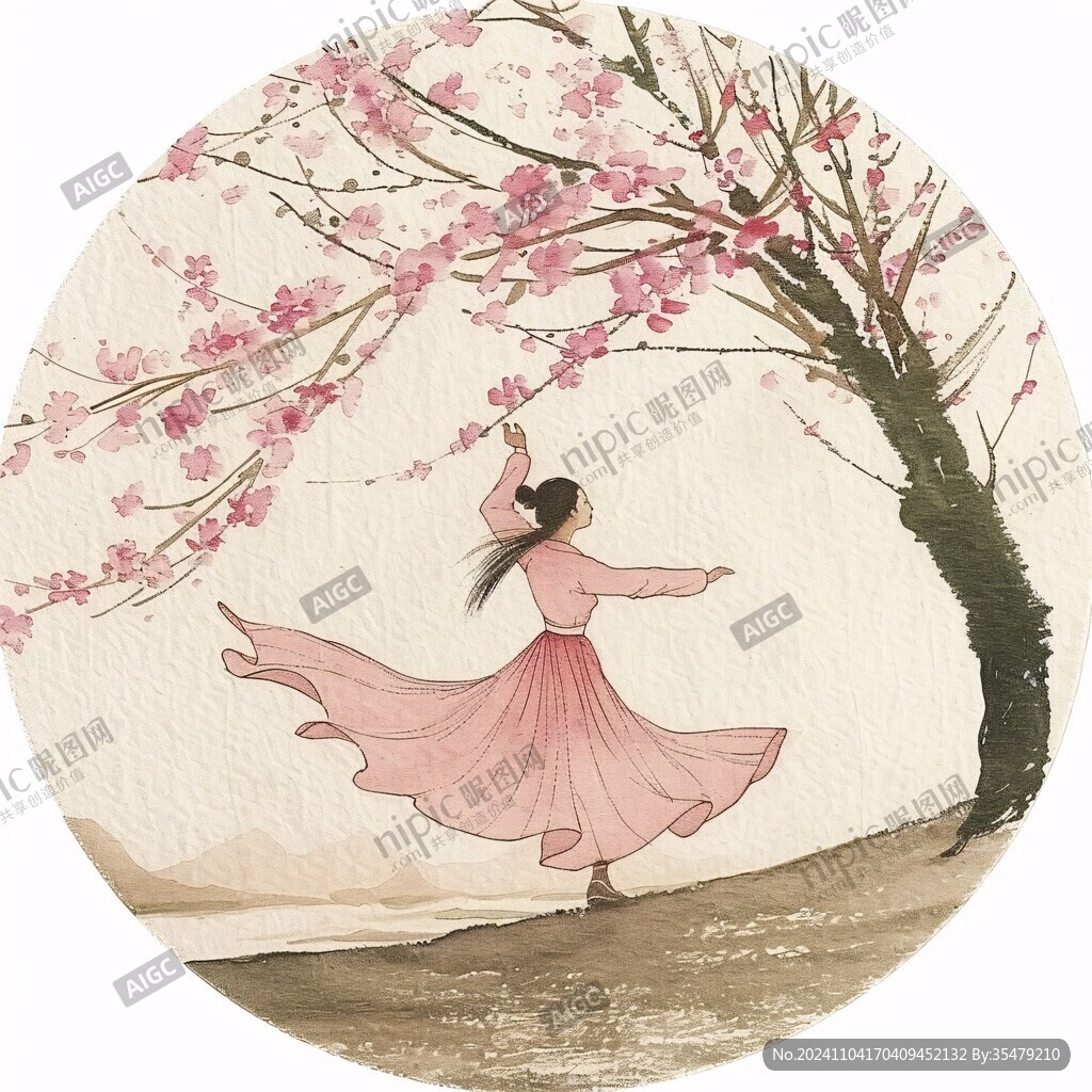 春天桃花女孩插畫