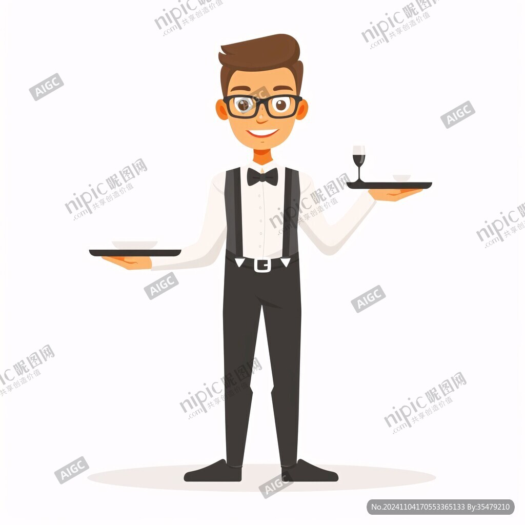 手繪卡通端盤子服務(wù)員