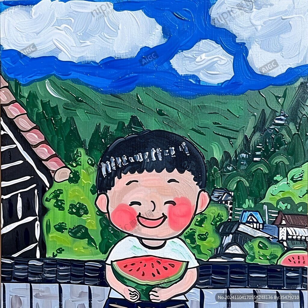 捧西瓜女孩繪畫